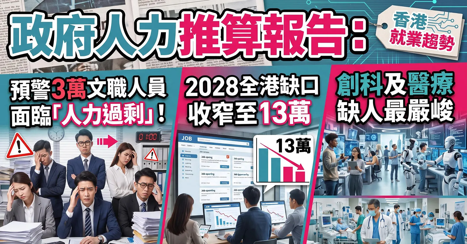 【香港就業趨勢】政府人力推算報告：預警3萬文職人員面臨「人力過剩」！2028全港缺口達18萬，創科及醫療缺人最嚴峻